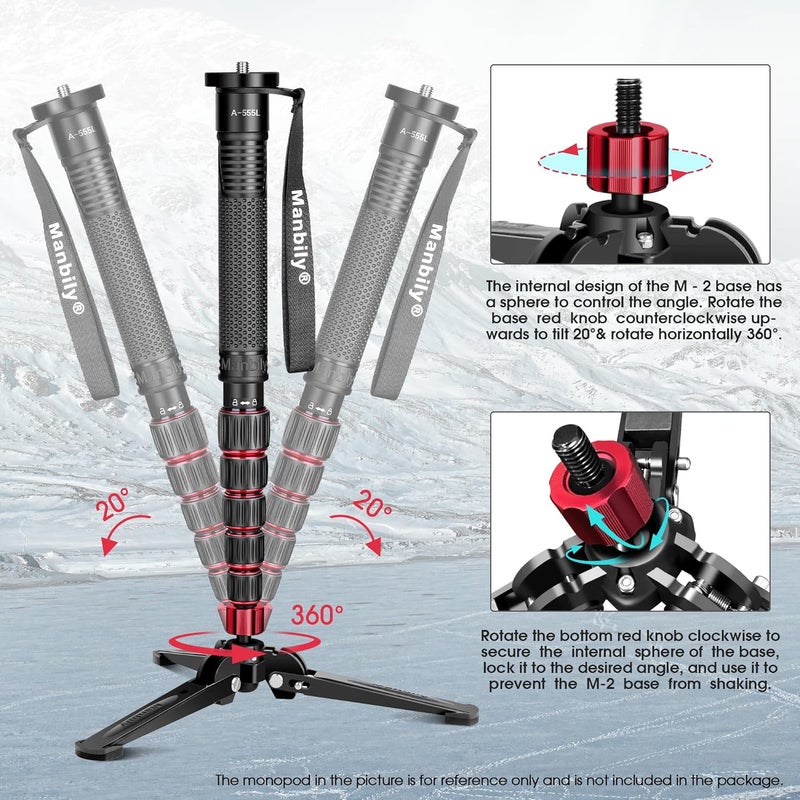 Manbily Mini Tripod Base for Monopods, 3/8" Screw Desktop Tripod with Three Feet, Monopod Stand Support, Travel for Ball Head/Fluid Head DSLR Camera Camcorder, Tilt 20° & Rotate 360° (Red) - Image 3